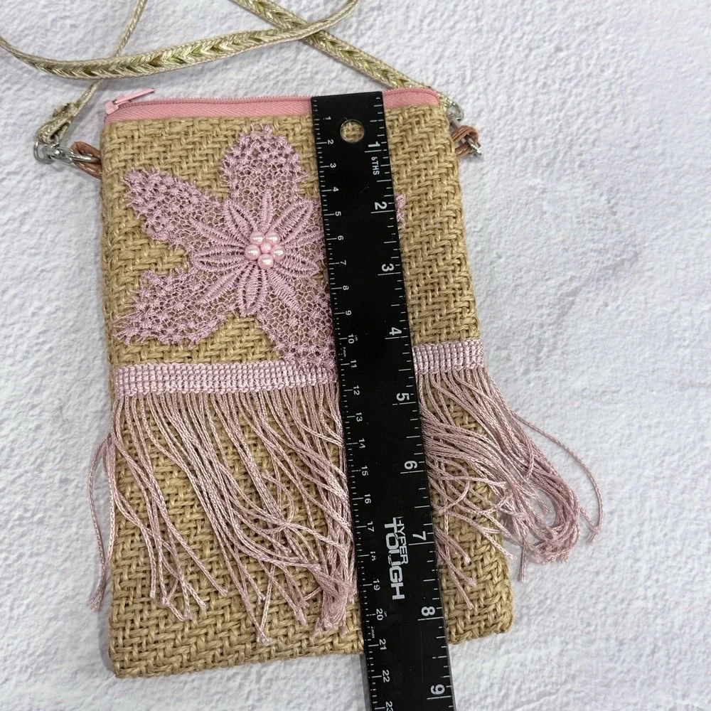Boho Jute Straw Crossbody Bag‎ Small Pink Crochet Flower Fringe Purse